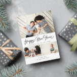 Happy New Year Script Black 3 Collage Multi-Photo Holiday Card<br><div class="desc">Featuring modern brush script and 3 of your favourite photos. Comes with a photo on the back as well.</div>