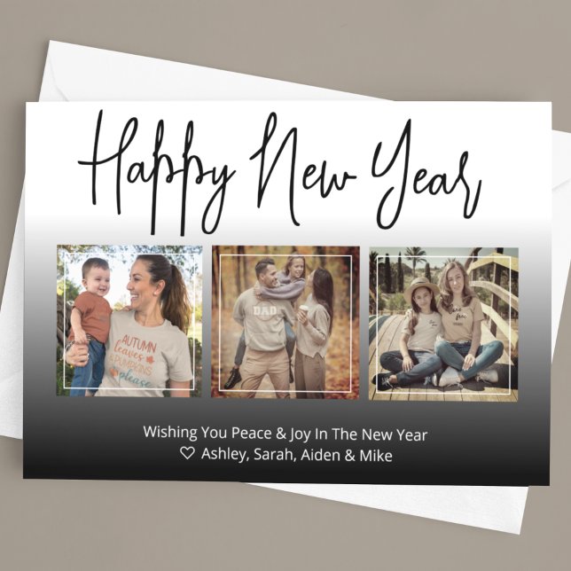 Happy New Year Script Black 3 Photo Collage Card (Creator Uploaded)