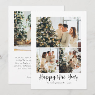 Happy New Year Script Black and White 4 Photo Holiday Card