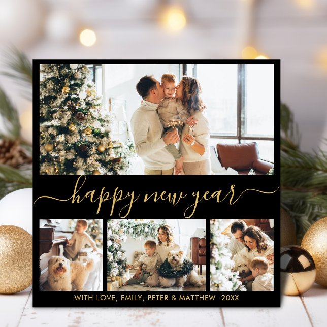 Happy New Year Script Black Gold 4 Photo Collage Holiday Card (Creator Uploaded)