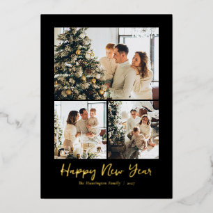 Happy New Year Script Black Gold 4 Photo Foil Holiday Card