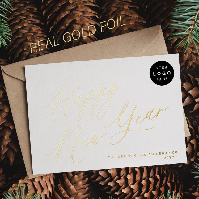 Happy New Year script business LOGO 2026 gold Foil Holiday Card (You can choose the color of the FOIL: GOLD, ROSE GOLD, or SILVER.)