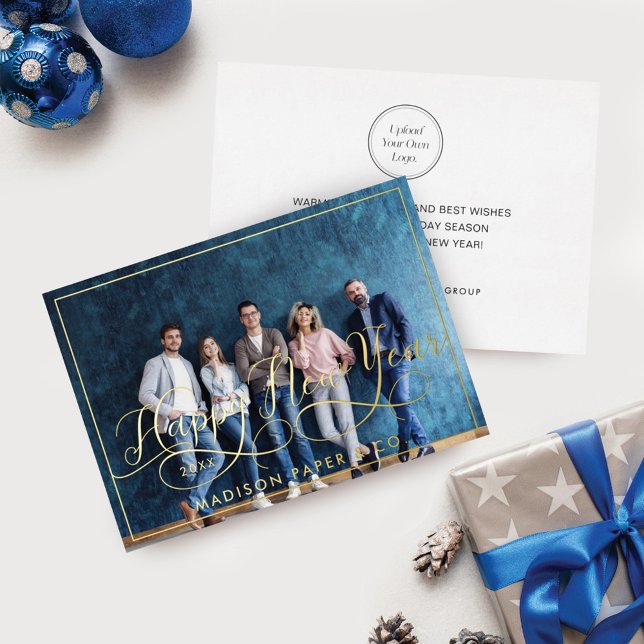 Happy New Year Script Corp Business Photo & Logo Foil Holiday Card (Creator Uploaded)