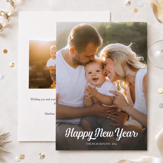 Happy New Year Script Custom 2-Photo Holiday Card (elegant chic modern happy new year 2 photo card with custom family photos and message)