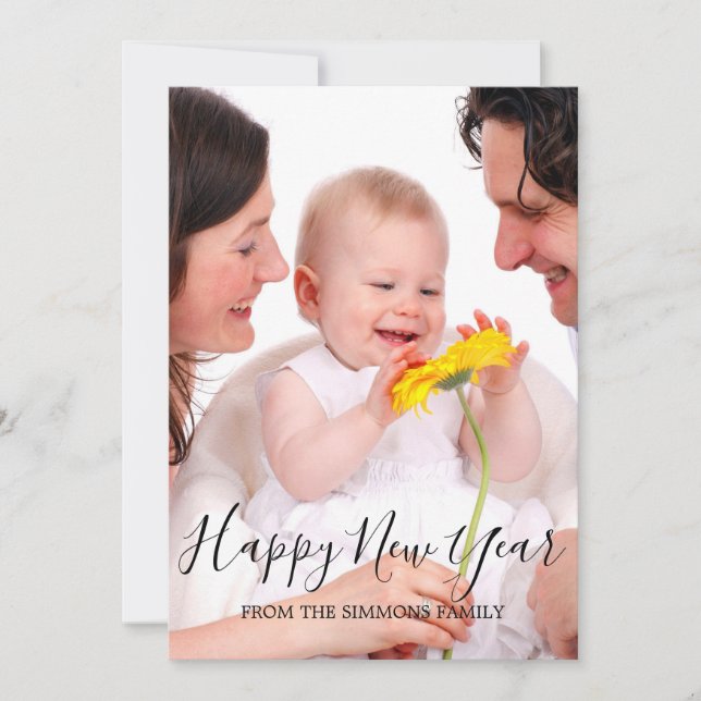 Happy New Year Script Family Photo Holiday Card (Front)