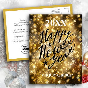 Happy New Year Script Festive Gold Stars Business Postcard