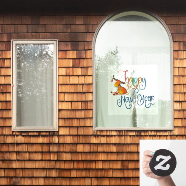 Happy New Year Script Funny Reindeer Window Cling (Home Window)