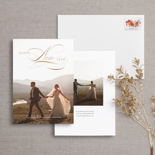 Happy New Year Script Holiday Full Photo Card (Creator Uploaded)