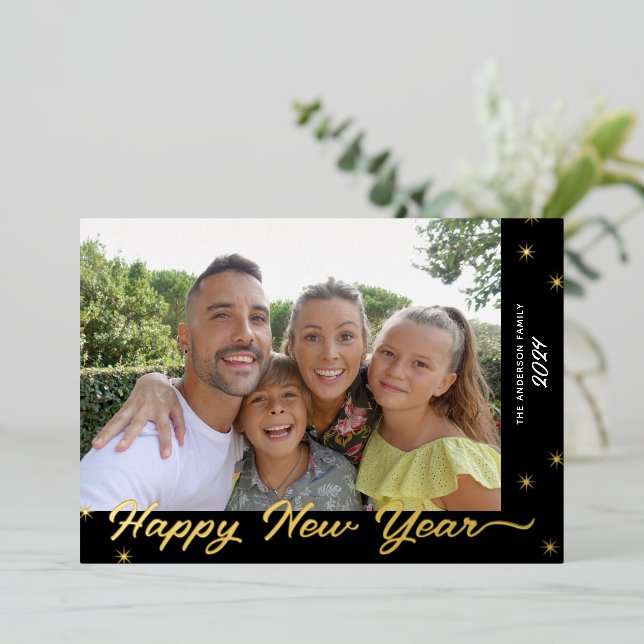 Happy New Year Script Photo Gold Foil Holiday Card (Standing Front)