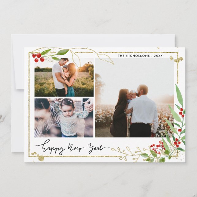 Happy New Year | Script Red Berry Multi Photo Holiday Card (Front)