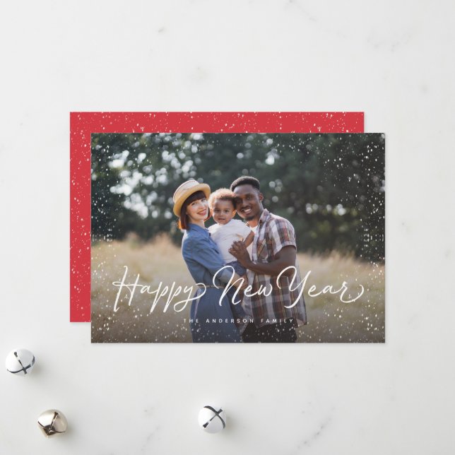 Happy New Year Script Snow Photo Holiday Card (Front/Back In Situ)