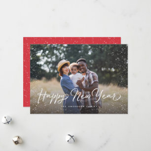 Happy New Year Script Snow Photo Holiday Card
