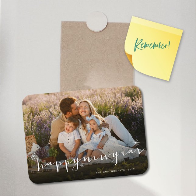 Happy New Year Script Starburst Photo Magnet (Happy New Year Classic Script Starbursts Photo Flexible Magnet @ fat_fa_tin)