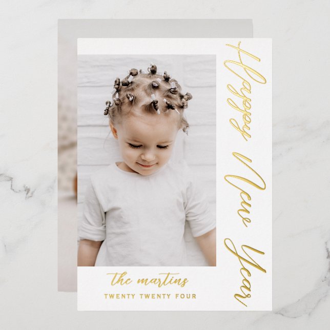 Happy New Year Script Two Photo Foil Holiday Card (Front/Back)