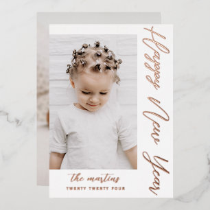 Happy New Year Script Two Photo Rose Gold Foil Holiday Card