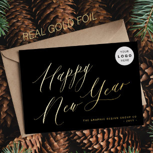 Happy New Year script your LOGO 2026 black gold Foil Holiday Card