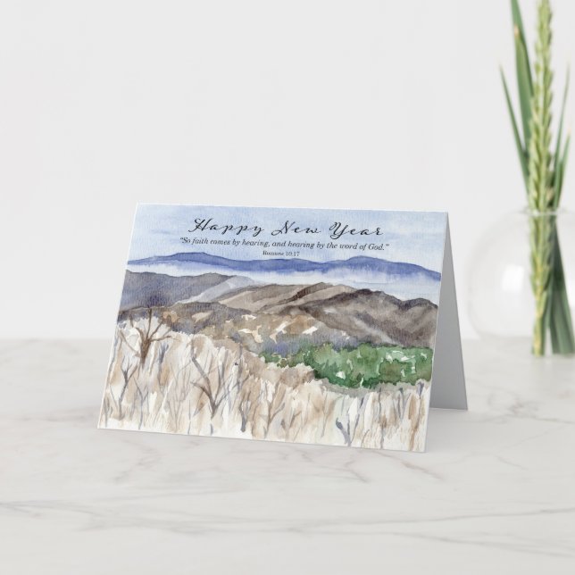 Happy New Year Scripture Romans 10 Mountains Snow Card (Front)