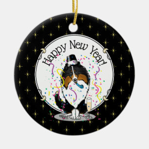 Happy New Year Shetland Sheepdog (tri color) Cute Ceramic Tree Decoration