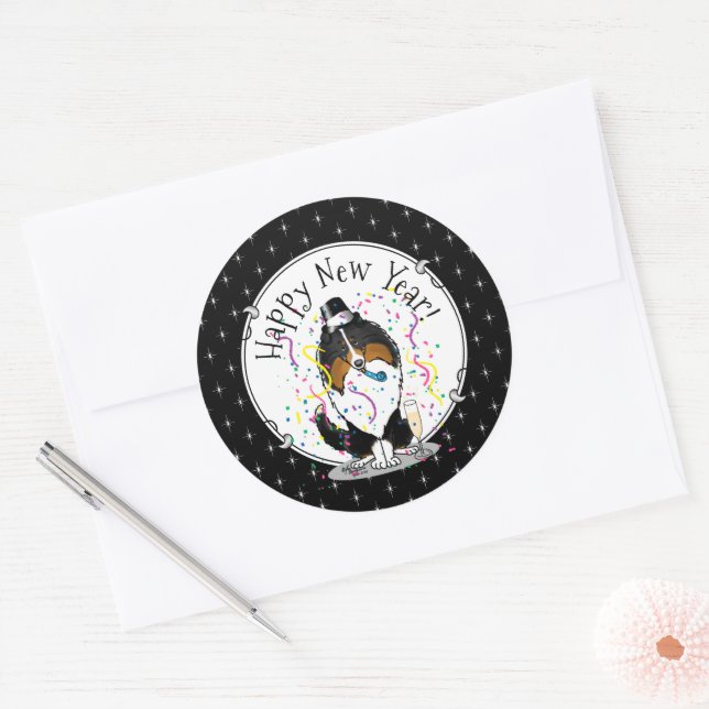 Happy New Year Shetland Sheepdog (tri colour) Cute Classic Round Sticker (Envelope)