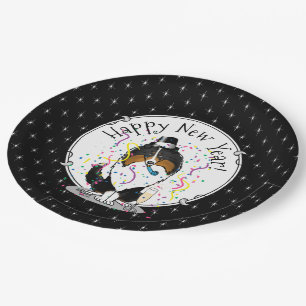 Happy New Year Shetland Sheepdog (tri colour) Cute Paper Plate