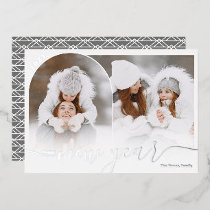 Happy New Year silver 2 photo arch overlay collage Foil Holiday Card