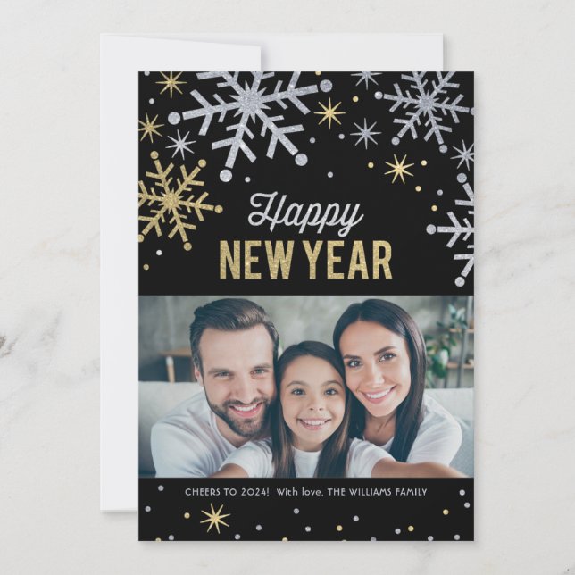 Happy New Year Silver and Gold Sparkle Photo Holiday Card (Front)