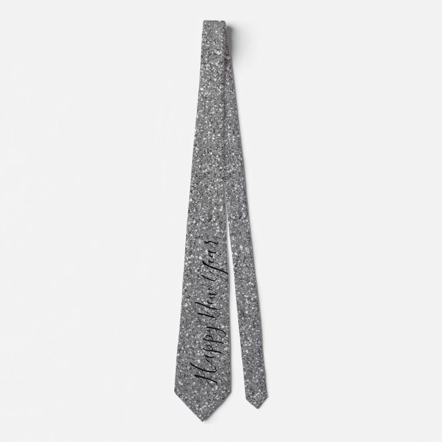 Happy New Year Silver Glitter Black Script Mens Tie (Front)