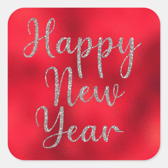 Happy New Year Silver Glitter on Red Metallic Square Sticker (Front)