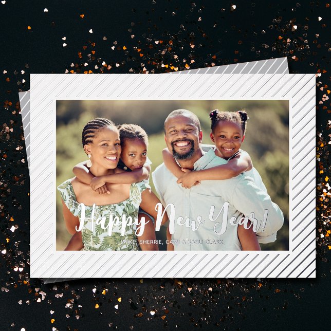  Happy New Year Silver Pinstripe Foil Holiday Card (REAL FOIL Silver Pinstripes Happy New Year Holiday Cards)