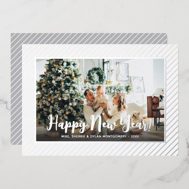  Happy New Year Silver Pinstripe Foil Holiday Card (Front/Back)