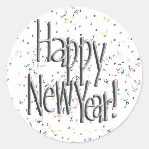 Happy New Year Silver Text Classic Round Sticker