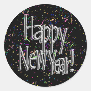 Happy New Year - Silver Text w/Black Confetti Classic Round Sticker