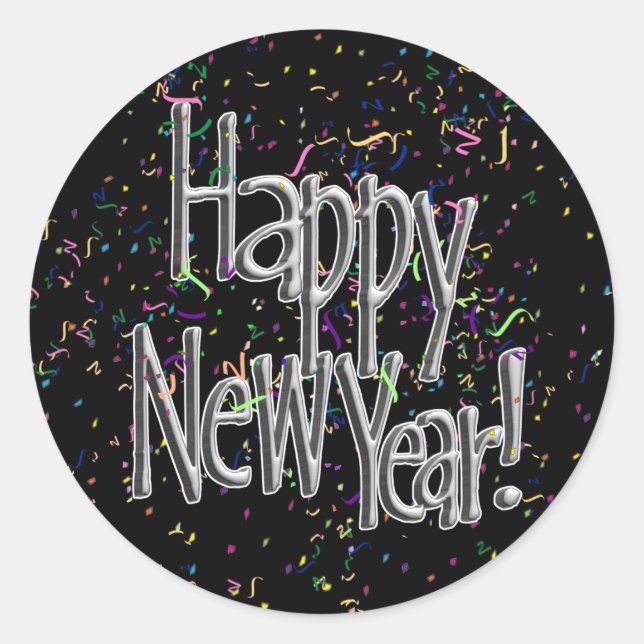 Happy New Year - Silver Text w/Black Confetti Classic Round Sticker (Front)