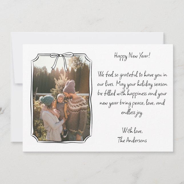 Happy New Year Simple Black & White Family Photo Holiday Card (Front)