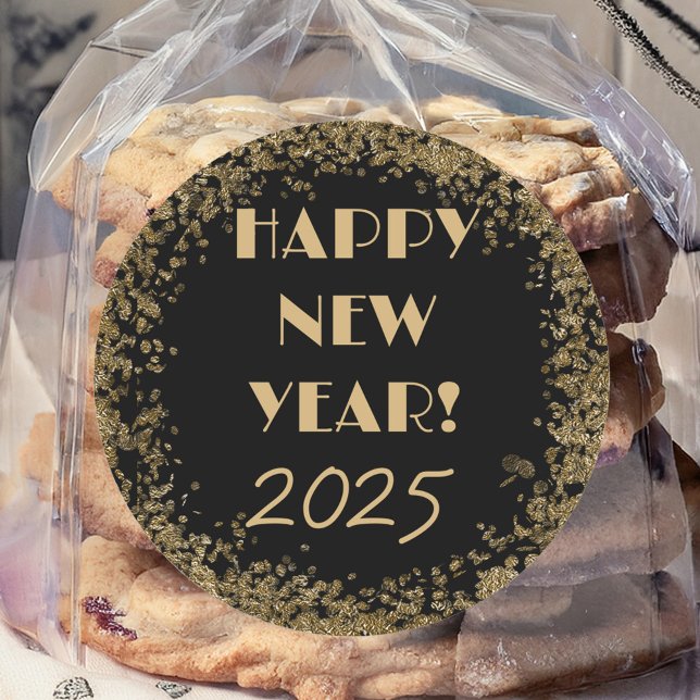 Happy New Year Simple Elegant Black and Gold Classic Round Sticker (Creator Uploaded)