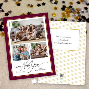 Happy New Year Simple Elegant Script 3 Photos Holiday Card