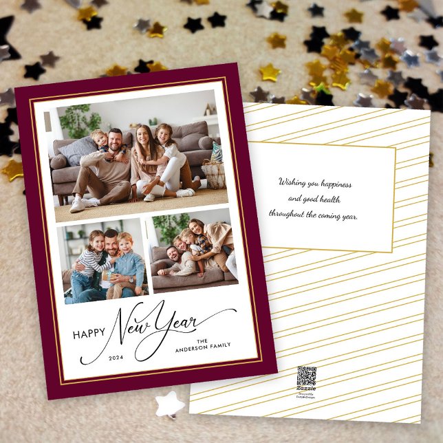 Happy New Year Simple Elegant Script 3 Photos Holiday Card (Creator Uploaded)