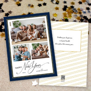 Happy New Year Simple Elegant Script 3 Photos Holiday Card