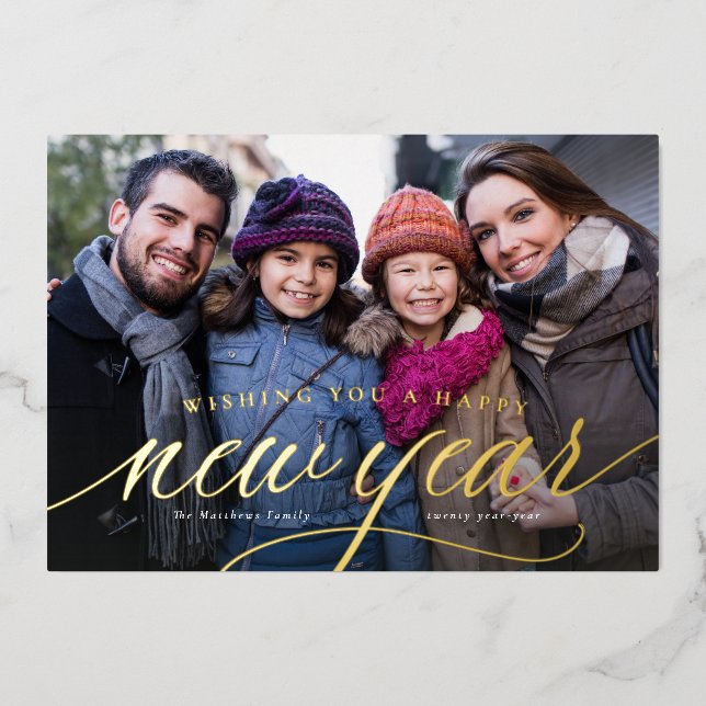 Happy New Year simple family photo Foil Holiday Card (Front)