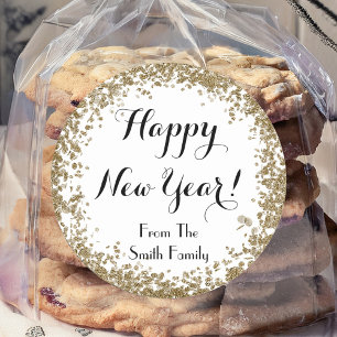 Happy New Year Simple Gold and White Classic Round Sticker