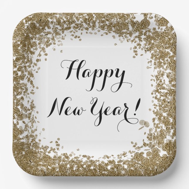 Happy New Year Simple Gold and White Confetti Paper Plate (Front)