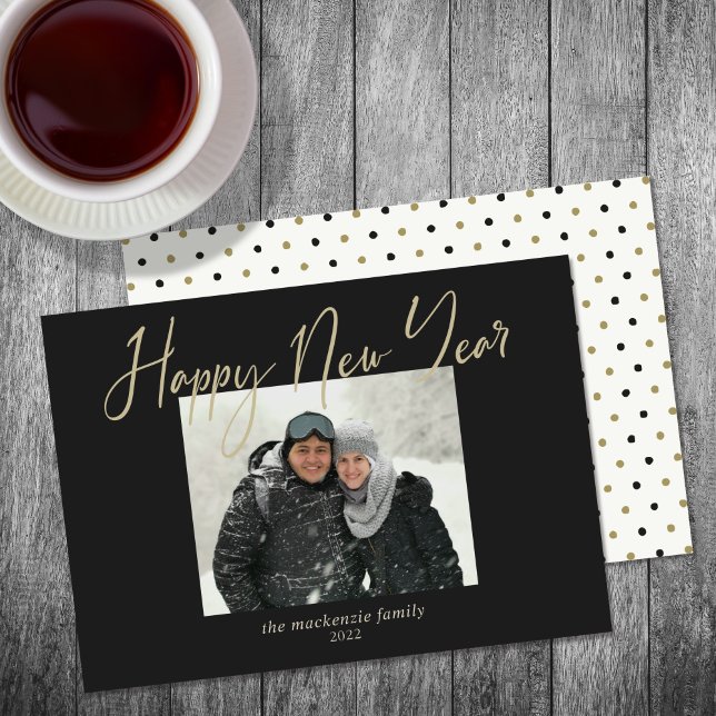 Happy New Year Simple Photo Black Sage Holiday Card (Creator Uploaded)