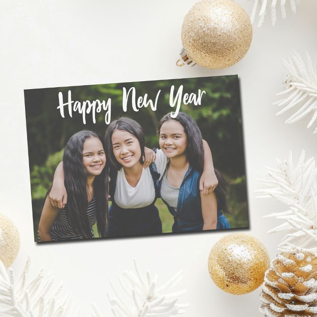 Happy New Year Simple Photo White Script Overlay Holiday Card (Creator Uploaded)