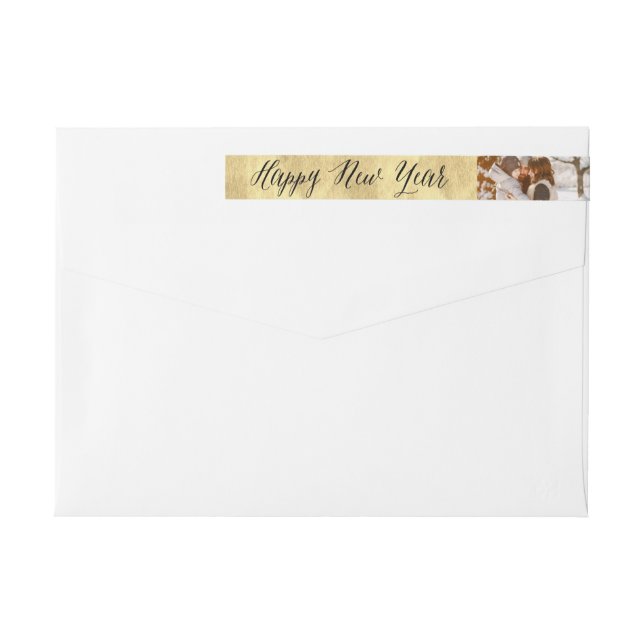 Happy New Year Simple Script Modern Photo Address Wrap Around Label (Back)