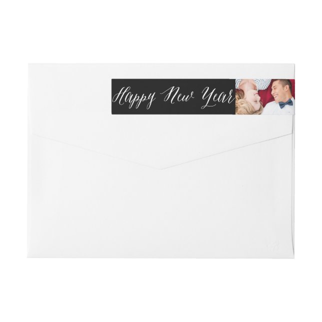 Happy New Year Simple Script Modern Photo Address Wrap Around Label (Back)