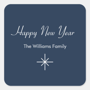 Happy New Year Simple Snowflake Navy Blue Square Sticker