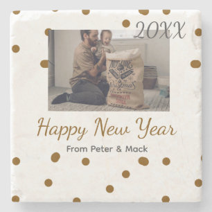 Happy new year Single father add photo name brown Stone Coaster