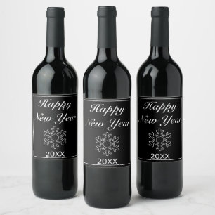 Happy New Year Snow Flake Modern Minimalist Black Wine Label