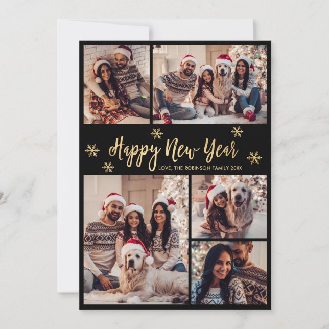 Happy New Year Snowflake Black Gold Photo Collage  Holiday Card (Front)