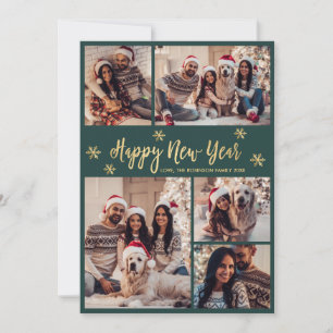 Happy New Year Snowflake Green Gold Photo Collage Holiday Card